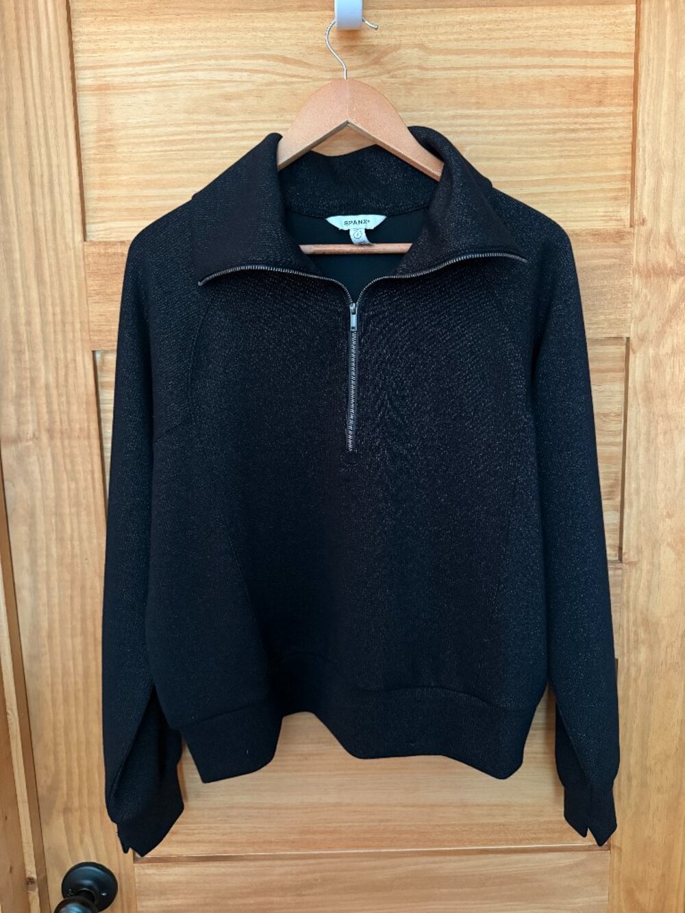 Spanx Airessentials Shine Half Zip Pullover Sweater Black Gold Metallic size L